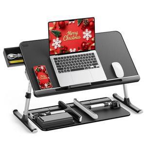 SAIJI 노트북 침대 트레이 테이블, 조절 가능한 PVC 가죽 노트북 침대 테이블, 수납 서랍이 있는 휴대용 스탠딩 책상, 소파 소파 바닥용 접이식 랩 태블릿 테이블(다크 블랙)