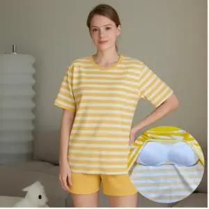고급 여성 파자마 반팔 잠옷 세트 여름 홈웨어 줄무늬