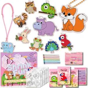 들을 위한 슈링크 펀 75PCS 슈링키 딩크스 시트 공예 키트 프리컷 포레스트 동물 부적 24장 학습 카드 등