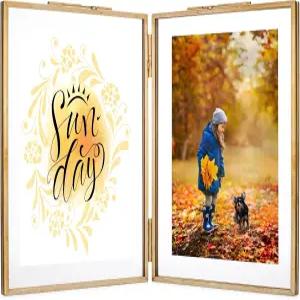 라이징 스타 황동 액자 빈티지 더블 4x6 접이식 골드 메탈 프레스 유리 힌지