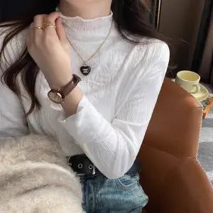 레이스 목폴라 목티 플라워 시스루 반목 긴팔 데일리 티