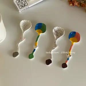 도자기 수저 스푼 손그림 유약 인스타 감성 한국스타일 비정형 수저