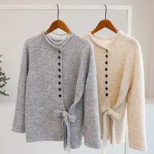 [잇수다] 비뉴엘 버튼 랩 리본 스트랩 라운드 울 니트 가디건