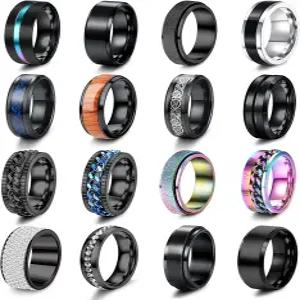 남성용 베스틸 16Pc 스테인리스 스틸 밴드 반지 여성용 피젯 불안 쿨 체인 베벨드 엣지 셀틱 블랙 스피너