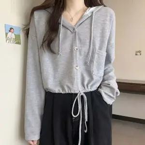오버핏가디건 여자 캐주얼 후드 스트링 포인트 크롭 짧은 가디건