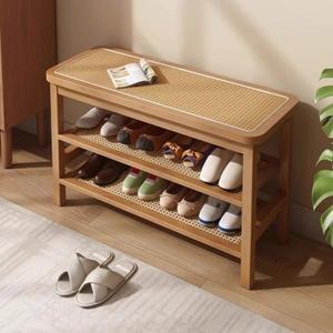 라탄 엮임 현관 신발 벤치  수납형 오토만이 있는 천연 대나무 의자  침실용 정리함