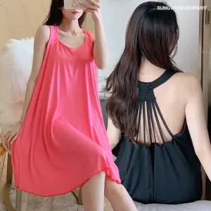 이너퀸 프리수 여성용 뒷태 백스트랩 홀터넥 민소매 끈 브라캡 캡내장 노브라 A라인 플레어 잠옷 홈웨어 원피스 백홀터스트랩원피스