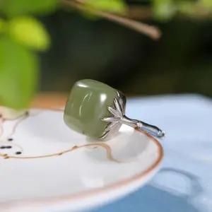 S925 대나무잎 반지 복고풍 시리즈 옥 자연주의 청옥 빈티지 엄지반지 레트로 은반지