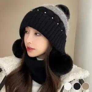 귀달이모자 배색 기모 안감 귀여운 니트 방울 모자 URD-451