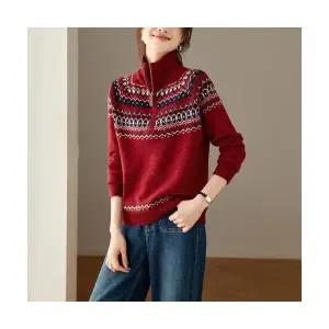 여자 겨울 니트 스웨터 페어아일 레드 반집업 빈티지 이너웨어 가능 ST4