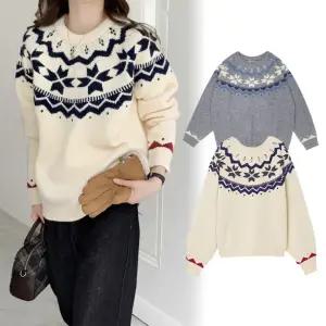 겨울 도톰한 패턴 노르딕 니트티 여자 스웨터 눈꽃니트 오버핏