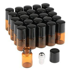 레슬리 에센셜 오일 유리 롤러 병 25개 미니 작은 리필 가능한 빈 아로마테라피 향수 액체 앰버 롤 바이알 금속 롤러볼 (2ml)