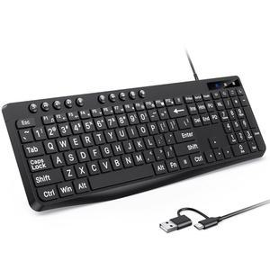 OMOTON 대형 인쇄 컴퓨터 키보드, Type-C와 USB가 연결된 듀얼 인터페이스, 오버사이즈 글꼴 키가 있는 풀사이즈 Windows, PC, 노트북용 큰 글씨 보기 및 타이핑하기 쉬운 키보드