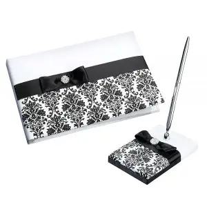 Lillian Rose 블랙 앤 화이트 다마스크 웨딩 게스트 북 펜 세트 (GB735 BD)