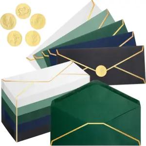 Jetec 50개 컬러풀 비즈니스 메일링 예쁜 봉투에 금색 테두리와 스티커가 있는 크리스마스 웨딩 오피스용