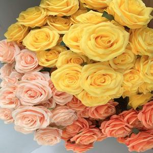 9머리 장미 꽃다발 인공 꽃 노란색 황금 오렌지 일몰 샴페인 가짜 거실 장식 결혼식