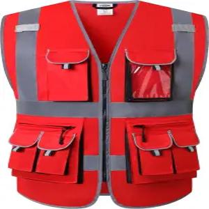 JKSafety 10 포켓 고감도 지퍼 전면 빨간색 안전 조끼 고반사 스트립 포함 ANSI/ISEA 표준 충족 (대형