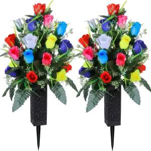 LVXINLI 2 세트 인공 묘지 꽃 야외 무덤 장식 장미 꽃병이 있는 아름다운 배열 꽃다발 오래 지속되는 색상