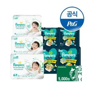 [오늘의딜]팸퍼스 프리미엄 낮밤패키지 터치오브네이처 1박스+통잠팬티 1박스 기저귀 4~6 단계(총 2박스)+스타벅스