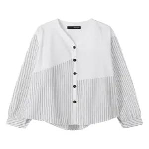 [보니스팍스]V넥 세로 스트라이프 배색 버튼 긴팔 셔츠 (XO3BA011L0)