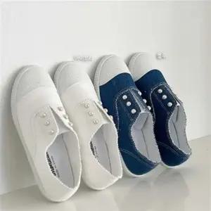 여자 코튼 단화 진주큐빅 패브릭 슬립온