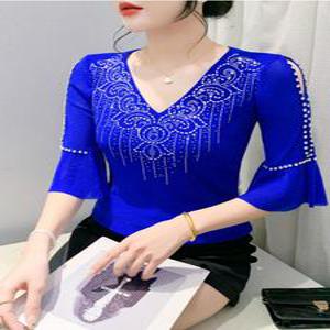 블루 여름 라인댄스복 상의 파란색 나팔 소매 댄스 라틴