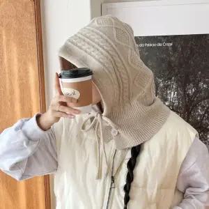 루나슬릭 꽈배기 니트 후드 단추 넥워머 바라클라바