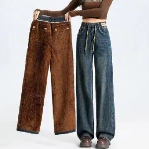 겨울바지 융털 본딩 기모 청바지 밴딩팬츠 세미 와이드 일자진 스판데님 빅사이즈 여자 여성 TS934