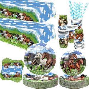 말 파티 용품 - 식기 저녁 접시 디저트 컵 냅킨 테이블 커버 빨대 경마 카우보이 웨스턴 보이 생일 장식 40인분 제공