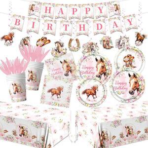 말 생일 장식 식기 171PCS 카우걸 플로럴 테마 티 파티 용품 꽃 종이 접시 냅킨 포크 식탁 천 소녀 로데오 총각 요정 파티용