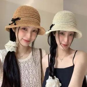 여자 여름 좋은 니트 모자 통기성 버킷햇 리본 벙거지