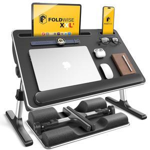 부드러운 쿠션이 있는 폴드와이즈 2-in-1 랩 & 베드 데스크 - 높이와 각도 조절 가능, 접이식 침대 및 소파용 노트북 스탠드 - 손목 받침대, 홀더, 스토퍼 및 미끄럼 방지 가죽 - 및 용 침대 테이블