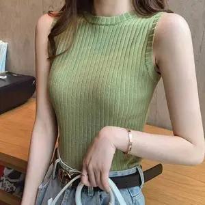 여성 민트색 민소매 티셔츠 골지 나시 슬림핏