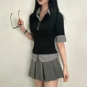 긱시크 룩 여성 체크 포인트 반팔 카라 셔츠 티 셔츠일체형 티셔츠 반팔티 롤업 레이어드 카라넥 브이넥