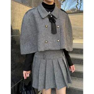 [하프클럽/봉구]bonggoo 헤링본 케이프 플리츠 미니 스커트 셋업 투피스 겨울