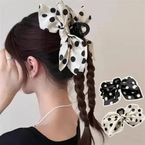 여성 사랑스러운 도트 패턴 듀얼 리본 빅사이즈 헤어 포인트 스카프모양 땡땡이 집게핀