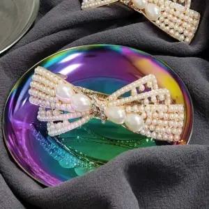 헤어악세사리 진주 사각리본 자동핀 긴머리집게핀 헤어악세사리 진주머리핀