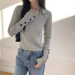 루베디 소매 사선 버튼 긴팔 골지 티셔츠-4color