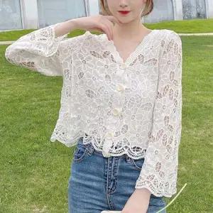 여성 여름 봄 뜨개 크로셰 니트 긴팔 가디건 화이트 여름가디건