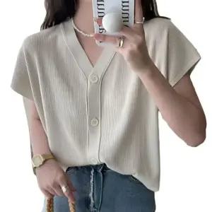 데일리 여성 브이넥 여름 니트 캡소매 반팔 가디건 니트가디건