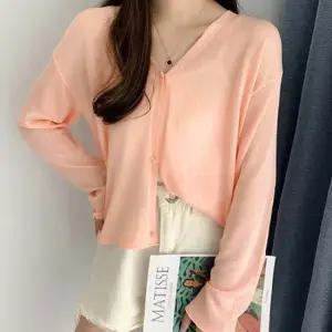 여성 여름 시스루 긴팔 가디건 1P 플라워 단추 바캉스 여성가디건