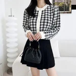 니트가디건 체크 퍼프니트 여성 가디건