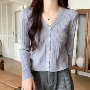 여성 V넥 골지 쇄골 가디건 1P 세미크롭 슬림핏 외투 여성브이넥가디건