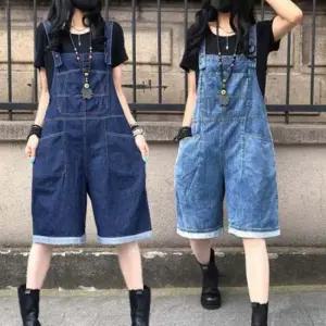 멜빵바지 캐주얼 디자인 여성 빅포켓 데님 멜빵 반바지