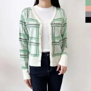 브이넥 심플 사각체크니트가디건 여자가디건