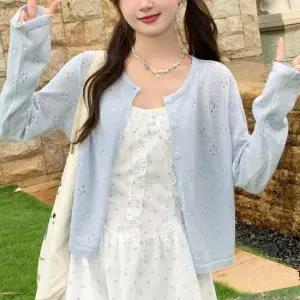 여름가디건 여성 여름 봄 휴양지 얇은 펀칭 긴팔 가디건 스카이