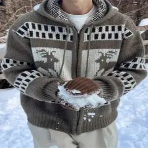 남성 노르딕 니트 후드 집업 스웨터