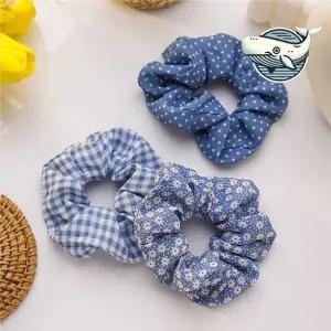 블루 체크 꽃무늬 헤어끈 세트 귀여운 머리묶음 머리끈고무줄 곱창머리끈 컬러고무줄