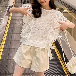 아일렛펀칭팬츠 면반바지 민소매티 set 면5부팬츠 치마바지 상하복 초등 여아 반팔민소매티