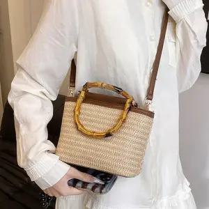 [라일리] Rly 대나무 손잡이 포인트 여성 외출 가방 밀짚 크로스백